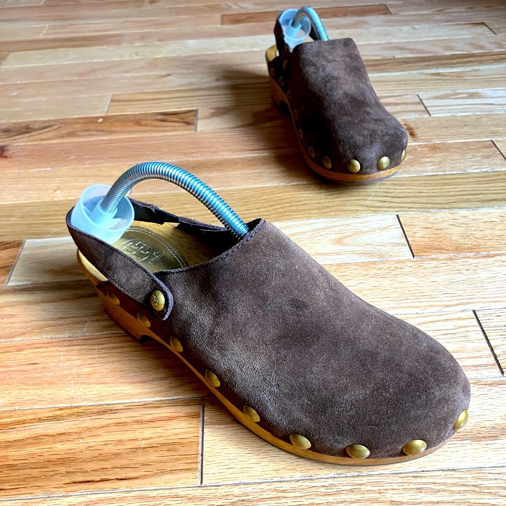 Brown Suede Mules with Gold Accents - Picture 2 of 3